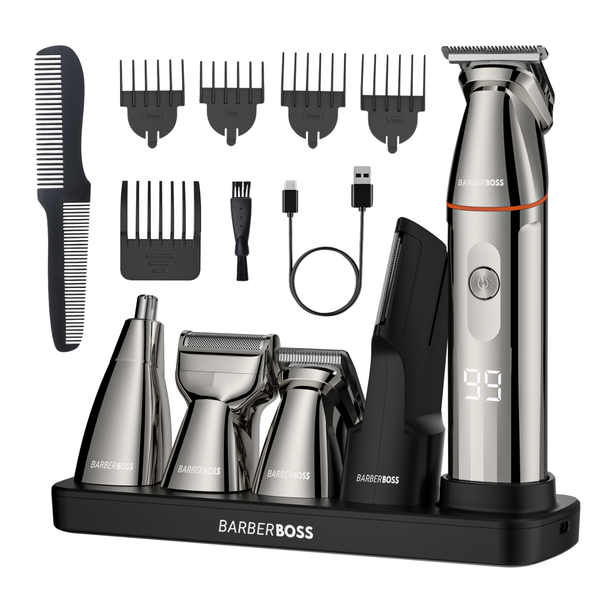 BarberBoss Complete Men’s Grooming Kit: 5-in-1 Beard Trimmer, Hair Clippers, and Body Shaver with Precision Detailer - QR-6010