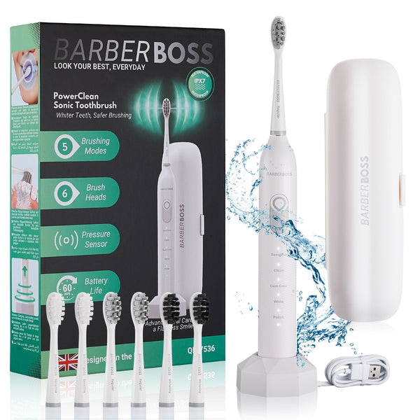 BarberBoss QR-7536 Sonic Electric Toothbrush, PowerClean Sonic Toothbrush for Whitening, Plaque Removal