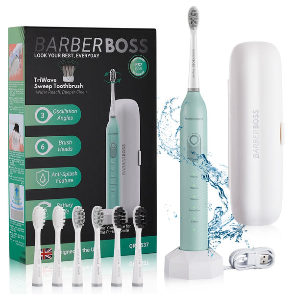 BarberBoss QR-7537 TriWave Sweep Toothbrush, Sonic Electric Toothbrush with 3 Oscillation, Anti-Splash Design