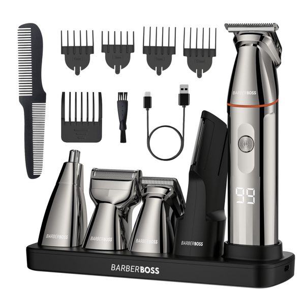 BarberBoss QR - 6010 Complete Men’s Grooming Kit: 5 in 1 Beard Trimmer, Hair Clippers, and Body Shaver with Precision Detailer - BarberBoss | Look Your Best, Everyday