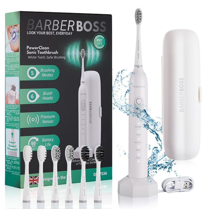 BarberBoss QR - 7536 Sonic Electric Toothbrush, PowerClean Sonic Toothbrush for Whitening, Plaque Removal - BarberBoss | Look Your Best, Everyday